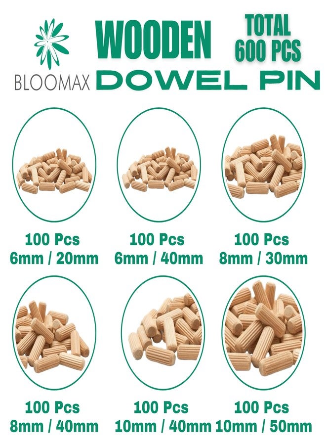 BLOOMAX® All In One Pack 600 Pcs Wooden Dowel Pins Made Of Hardwood Modular Furniture Connector Fastener Spiral Grooved 6mm-30/40mm, 8mm-30/40mm, 10mm-40/50mm 100 Pcs of each size (Total 600 Pcs) - Image 3